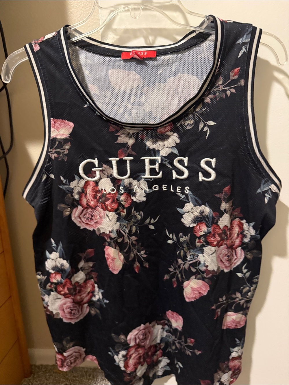 Guess Navy Floral Mesh Tank with Pink Rose Print